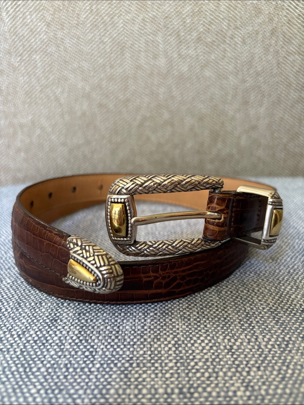Brighton Two Tone Embossed Leather Belt Braided Buckle A3295